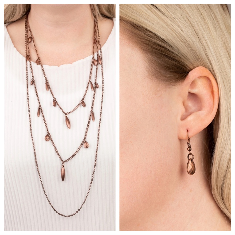 Triple Strand Copper Long Necklace and Earrings Set